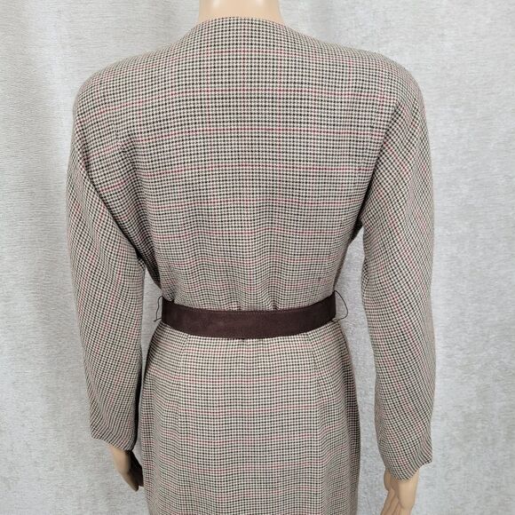 Talbots Vintage Houndstooth Plaid Elegant Brown Belted Button Front Dress - Picture 10 of 15